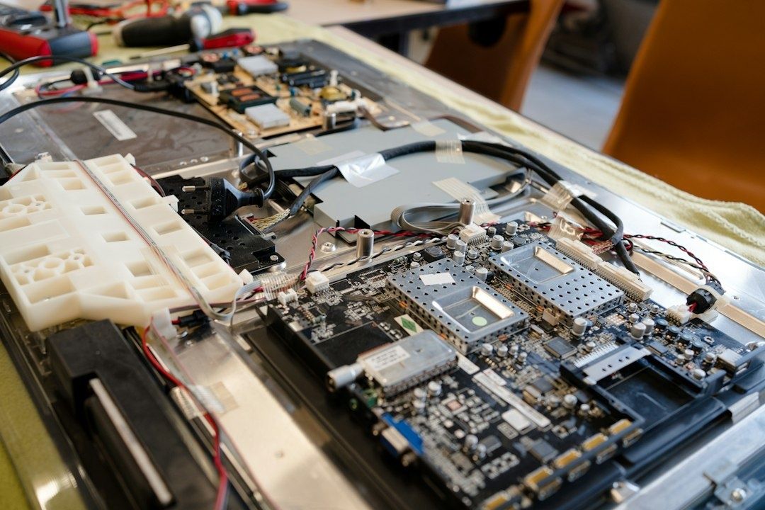 Isärplockad elektronik och kretskort på en arbetsbänk för reparation