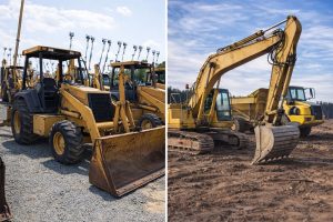 Gula entreprenadmaskiner: lastmaskiner på rad och grävmaskin i arbete.