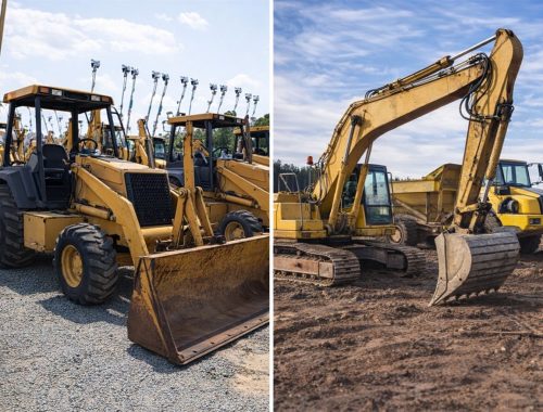 Gula entreprenadmaskiner: lastmaskiner på rad och grävmaskin i arbete.