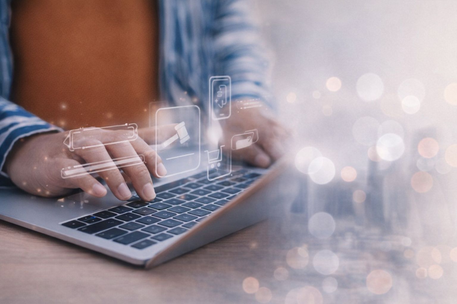 Händer på bärbar dator med ikoner för bud, varukorg och betalning.